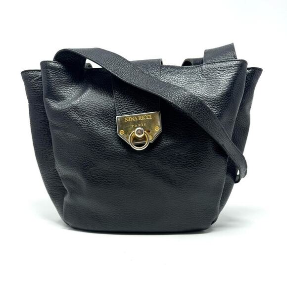 Nina Ricci Vintage Black Pebbled Leather Bucket Shoulder Bag – Gold Turnlock - Picture 1 of 8